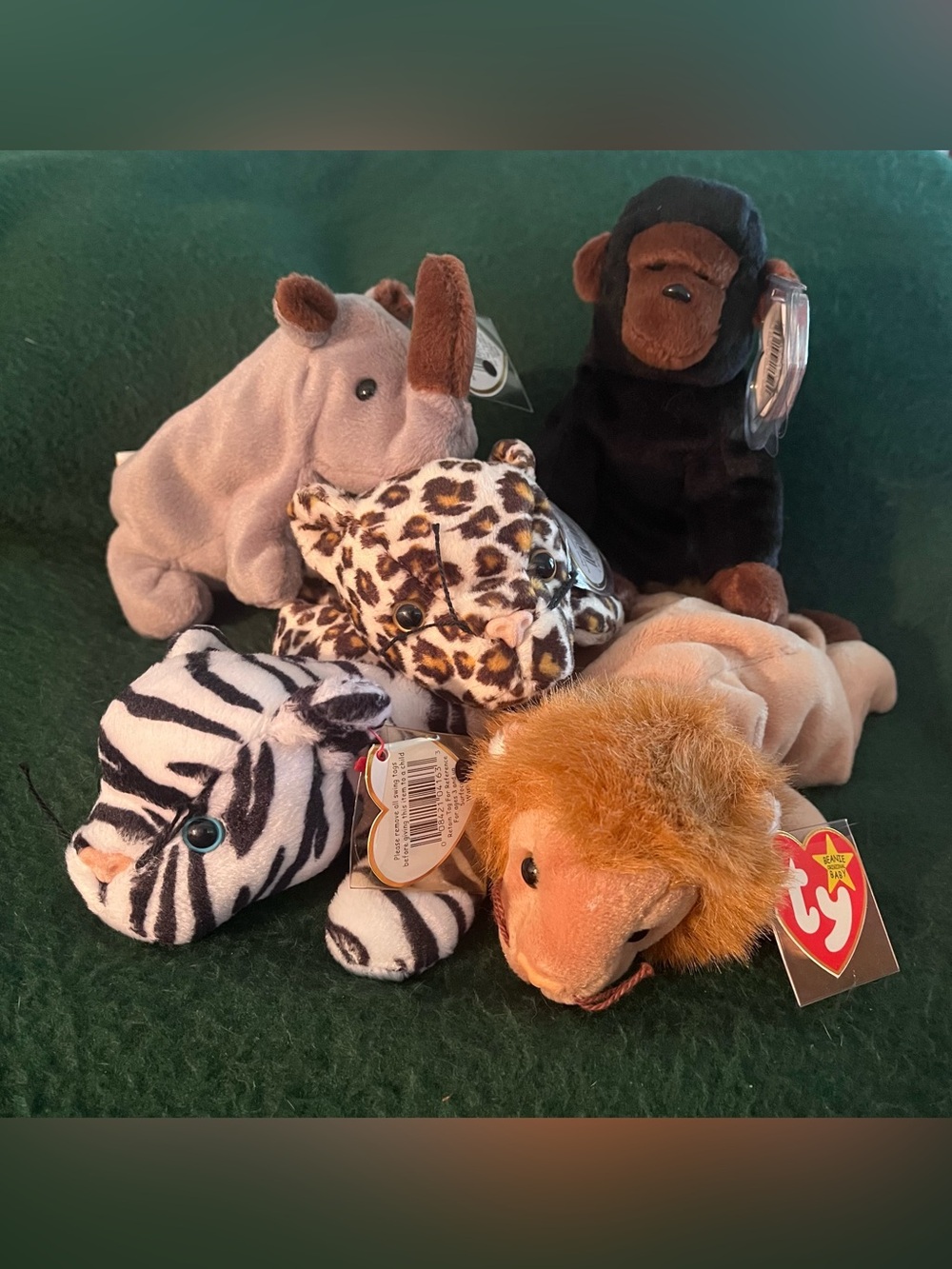 NWT 1996 L/5 Beanie Babies Rhinoceros Gorilla Leopard White Mountain Tiger Lion